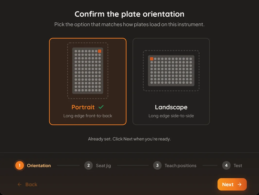 Fusion teaching wizard, step 1: confirm the plate orientation, portrait or landscape