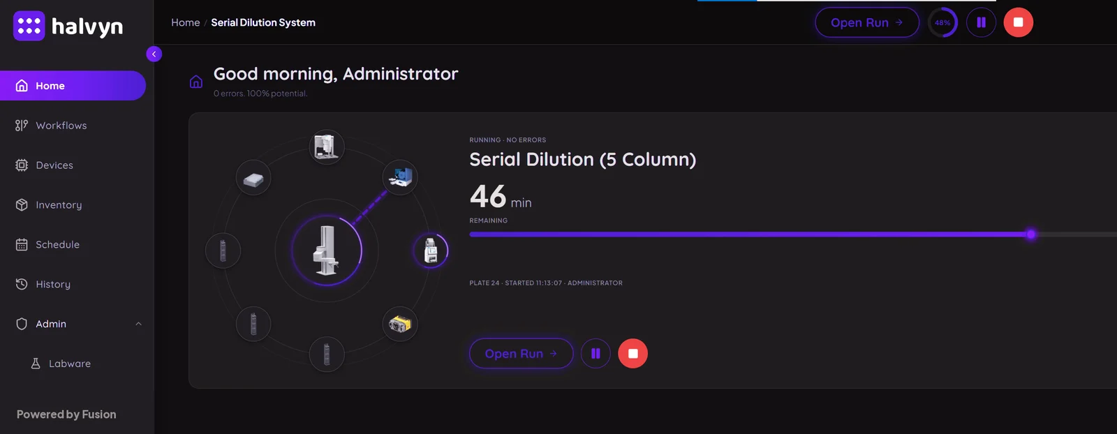 The same dashboard rebranded for the example company Halvyn Labsystems in violet